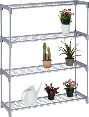 Produktbild von Relaxdays Blumenregal, 4 Ablagen, Blumen- & Pflanzentöpfe, Metall & Kunststoff, HxBxT: 106x91x28 cm, Kräuterregal, grau