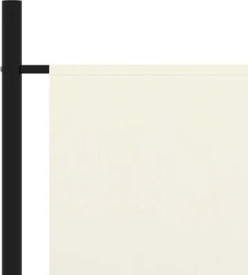 A close-up of a white fabric room divider attached to a black pole.