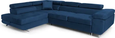 A dark blue sectional sofa with a chaise lounge is shown from a front-side angle against a white background.
