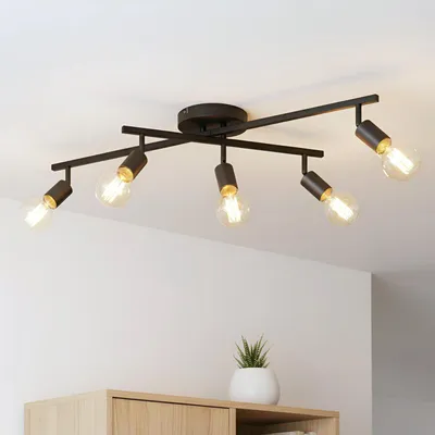 Productafbeelding van LVWIT Plafondspots, zwart, 5 lichtpunten, moderne schwenkbare plafondlamp, metalen retro plafondlamp met spots, E27, keukenlamp, plafondspot voor hal, kantoor, slaapkamer (zonder lampen)