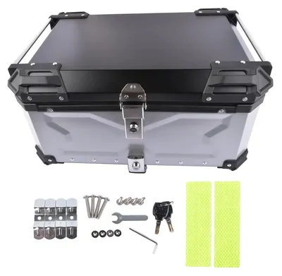Image de Top-caisse pour moto - Boîte à bagages de 65 litres - Aluminium - Étanche - Serrure de sécurité - Montage à l'arrière - Argent