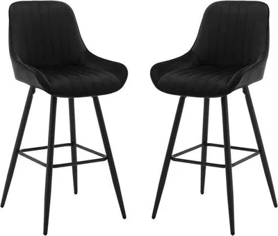 Obrázek produktu pro 2 designové barové židle – sametové sedáky s odkládacím stolkem – kovové nohy – kovový rám – výška sedáku 71 cm – do kuchyně, baru nebo bistra – moderní a pohodlné – černé
