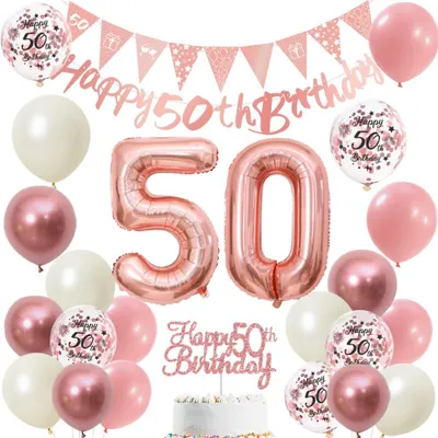 Image de Kit de décoration pour anniversaire - Avec ballon en aluminium numéroté "50" et banderole - Pour la décoration - Rose gold