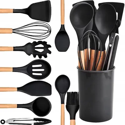 Image de Ensemble ustensiles cuisine silicone 12 éléments noir et bois avec récipient spatules pince louche fouet cuillère