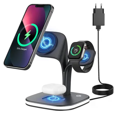 A black 4-in-1 charging station with a phone, smartwatch, and earbuds charging. A power adapter is plugged into the station.