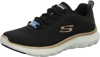 A black Skechers sneaker with gold accents is shown from the side against a white background.