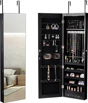 Produktbild von Schmuckschrank Wandspiegel mit LED Beleuchtung Spiegelschrank 120 x 35,5 x 10 cm Schwarz/Weiß-Schwarz