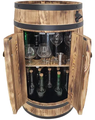 Immagine prodotto di Bar in legno a forma di botte con ripiani per alcolici e ante 80x50