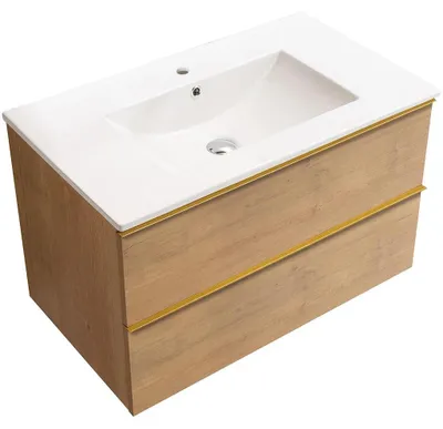 Imagen del producto de Mueble de baño Velora - roble miel, tirador dorado + lavabo de cerámica Todo - 81x55x46,5 cm