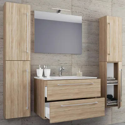 Produktbild von VCM 5-tlg. Waschplatz Waschtisch | Waschbecken Unterschrank Breite 80 cm | Badmöbel Set mit Schubladen Drehtüren Spiegel | Badinos