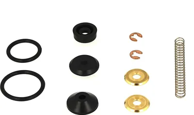 A collection of plumbing repair parts laid out on a white background.