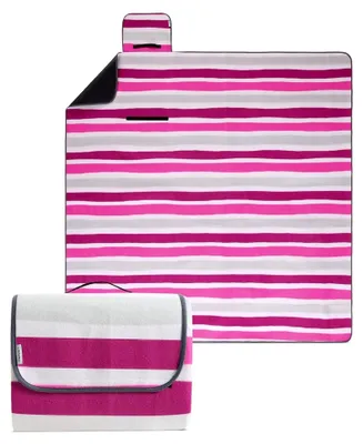 Produktbild von Nachhaltige Picknickdecke wasserdicht 200x200 100% recyceltes Fleece XXL Outdoor Gesteppte Campingdecke Stranddecke Streifen pink rosa isoliert waschbar