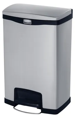 Produktbild von Rubbermaid Slim Jim Step On Container Front Step Pedal-Abfalleimer | 50 Liter, HxBxT 71,9x45,6x29,2cm | Edelstahl | Silber mit schwarzem Akzentstreifen