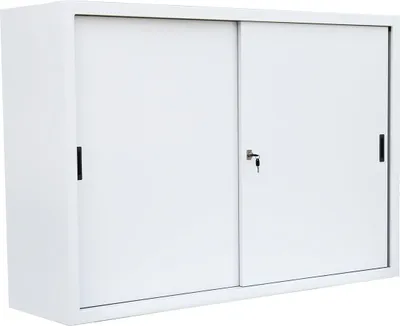 A white metal cabinet with sliding doors and a lock.