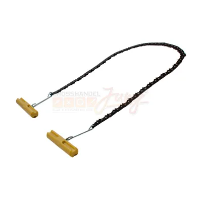 A product shot of a portable saw chain with yellow handles against a white background.