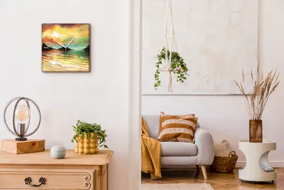 Produktbild von Coloray Hodiny Unikátní 30x30 cm  Tiché hodiny Pro obývací pokoj a kuchyň Nástěnné hodiny Plátno Bílé ručičky hodin - Vlny západu slunce