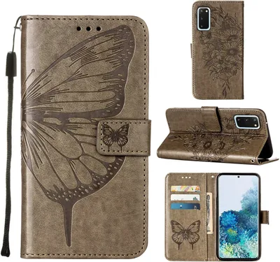 Produktbild von Galaxy S20 Hülle, Schmetterling Prägung Flip Leder Kartenfächer Schutzhülle Ledertasche mit Ständer für Samsung Galaxy S20 Grau