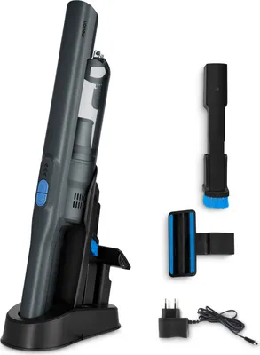 A cordless handheld vacuum cleaner and its accessories are displayed on a white background.
