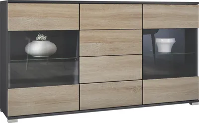 Produktbild von Vladon Sideboard Bari V1, Kommode mit 2 großen Türen und 4 Schubladen, Anthrazit matt/Eiche sägerau (138,5 x 75,5 x 35)