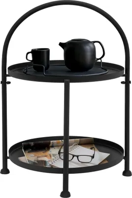 Produktbild von ECD Germany Beistelltisch mit 2 Ebenen, Ø 33x45 cm, Schwarz, aus Metall, für Wohn- und Schlafzimmer, klappbar, Rundform Sofatisch mit herausnehmbaren Tabletts, Couchtisch Wohnzimmertisch Kaffeetisch