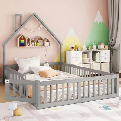 Obrázek produktu pro Minimalistická dětská postel komínového tvaru, včetně lamelového roštu, z borovicového dřeva, barva šedá, bez matrace - Čalouněná postel 140 x 190 cm