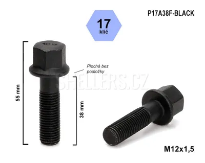 Obrázek produktu pro Kolový šroub M12x1,5x38 rovná dosedací plocha, klíč 17, P17A38F-BLACK, výška 55 mm, černý