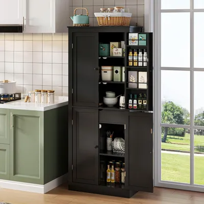 Image de Armoire de cuisine, meuble haut, buffet avec portes étagères, compartiments de rangement et tiroir, dimensions 182x40x75 cm, couleur noire