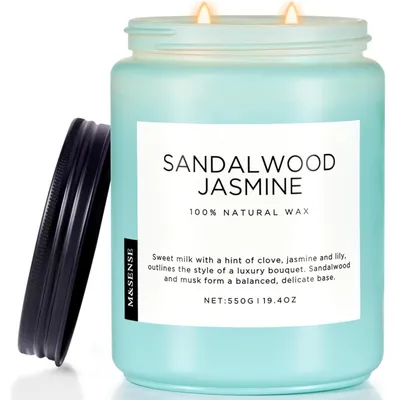 Productafbeelding van Geurkaars Sandelhout en Jasmijn in glas, 550g, met 2 katoenen lonten, brandduur 110 uur, gemaakt van sojawas
