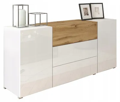 Obrázek produktu pro Komoda Berlin 150 cm bílý lesk/dub Wotan moderní 3 zásuvky + 2 skříňky