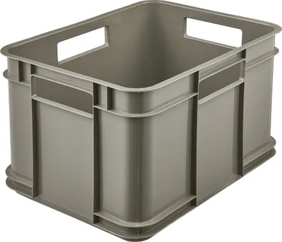 A gray plastic storage box is shown against a white background.