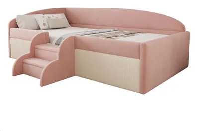 Zdjęcie produktu dla Rozkładana sofa z materacem - łóżko dziecięce - 90 x 190 cm - Z schodkami i barierkami ochronnymi - Obicie z aksamitu - Bez materaca - Różowe
