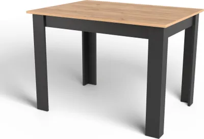 A rectangular table with a wooden top and black legs against a white background.