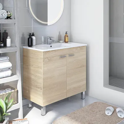 Image de Massiola - Meuble sous-lavabo, 80x45x80h cm Chêne brun, 2 portes