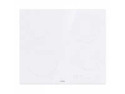 A white glass ceramic induction hob with four cooking zones is shown from a top-down perspective against a white background.
