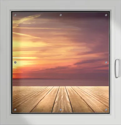 Produktbild von Wallario Lichtschutzbild, Dekorativer Sichtschutz Sonnenschutz 96 x 93 cm mit Motiv: Steg am See - Sonnenuntergang und roter Himmel - Verdunklung ohne Bohren