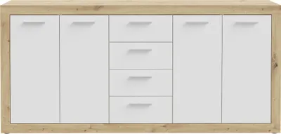Produktbild von Forte BACCIO Kommode 200, modernes Sideboard mit 4 Schubladen und Türen, Holzwerkstoff, Artisan Eiche Holzdekor | Weiß, 197,1 cm breit x 91,9 cm hoch x 41 cm tief