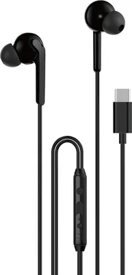 A pair of black USB-C wired in-ear headphones with a remote control and a USB-C connector, displayed against a white background.