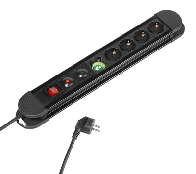 Image de VIVanco™Multiprise noire avec 5 prises Schuko, câble de 1,4 m et interrupteur ON/OFF, avec protection contre les surtensions