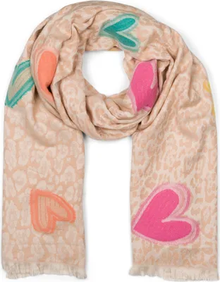Produktbild von styleBREAKER Damen Schal mit Leopardenmuster und Herz-Stickerei – Weicher, warmer und r Schal mit Fransen 01017164