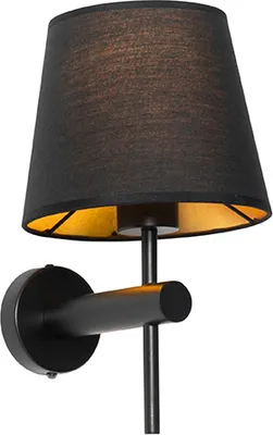 Produktbild von QAZQA - Moderne Wandleuchte Schwarz inkl. Schirm mit Gold I Messingener Innenseite - Pluk I Wohnzimmer I Schlafzimmer - Stahl Rund - LED geeignet E27