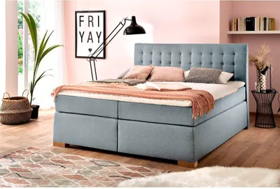 Produktbild von Boxspringbett 180x200 cm inkl. seitlich verdeckt klappbarer Bettkasten LORETOPLUS-114 in Eisblau, Härtegrad H2/H3