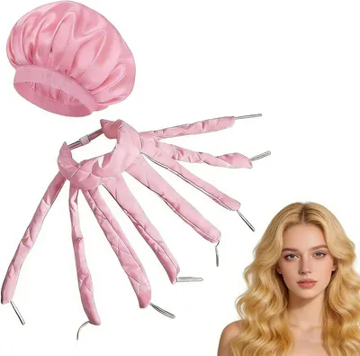 Produktbild von Lockenwickler ohne Hitze mit rosa Haube für das Styling über Nacht, Haar-Lockenwickler mit Seidenbandrollen