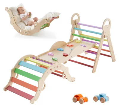 Produktbild von SucceBuy 9-in-1 Kletterspielzeug mit Holzautos, Kissen, Kletterdreieck, Rutsche und Kletterbogen, geeignet für Kinder von 1 bis 3 Jahren, belastbar bis 68 kg, Montessori Indoor-Spielset, mehrfarbig