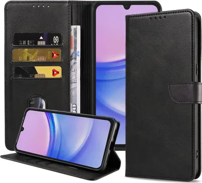 Zdjęcie produktu dla Etui na telefon Samsung Galaxy A15 ze sztucznej skóry z magnetyczną wargą i uchwytem na karty Etui z klapką - czarne - Smartphonics