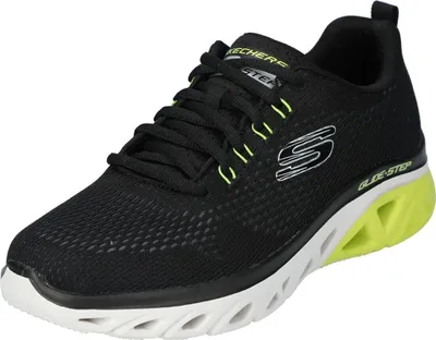 A single black sneaker with yellow accents is shown from a side-diagonal angle against a white background.