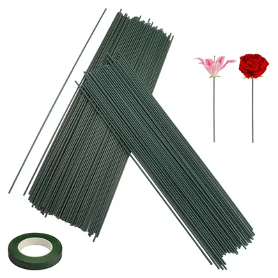 Productafbeelding van Bloemendraad - 150 stuks 2 mm stekeldraad met 1 rol bloemistenlint - Geschikt voor bloemstukken en boeketten - Groen, 30 cm lang