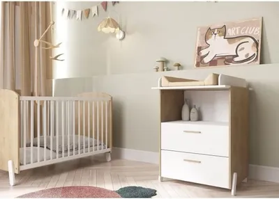 Produktbild von Babyzimmer Set: Kinderbett 60x120 cm & Wickelkommode 2 Schubladen, NAILI Serie, Hamilton / Mattweiß, Abnehmbarer Wickelaufsatz