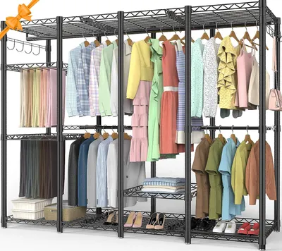 Zdjęcie produktu dla Wieszak na ubrania z 4 przegródkami, metalowa garderoba otwarta, wyposażona w 9 półek o regulowanej wysokości oraz 5 drążków na wieszaki