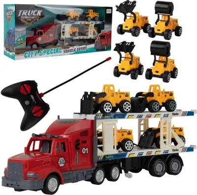 Produktbild von Malplay Rc Ferngestuertes Lkw-Autotransporter Mit Abschleppanhänger Gummireifen Abschlepplastwagen Mit 4 Baufahrzeuge Für Kinder Ab 3 Jahren