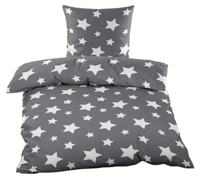Produktbild von Fleece Bettwäsche Sterne Weiß Grau, Microfaser Taupe Flausch Thermofleece, 2-teiliges Set Bettbezug 135x200 cm Kissenbezug 80x80 cm